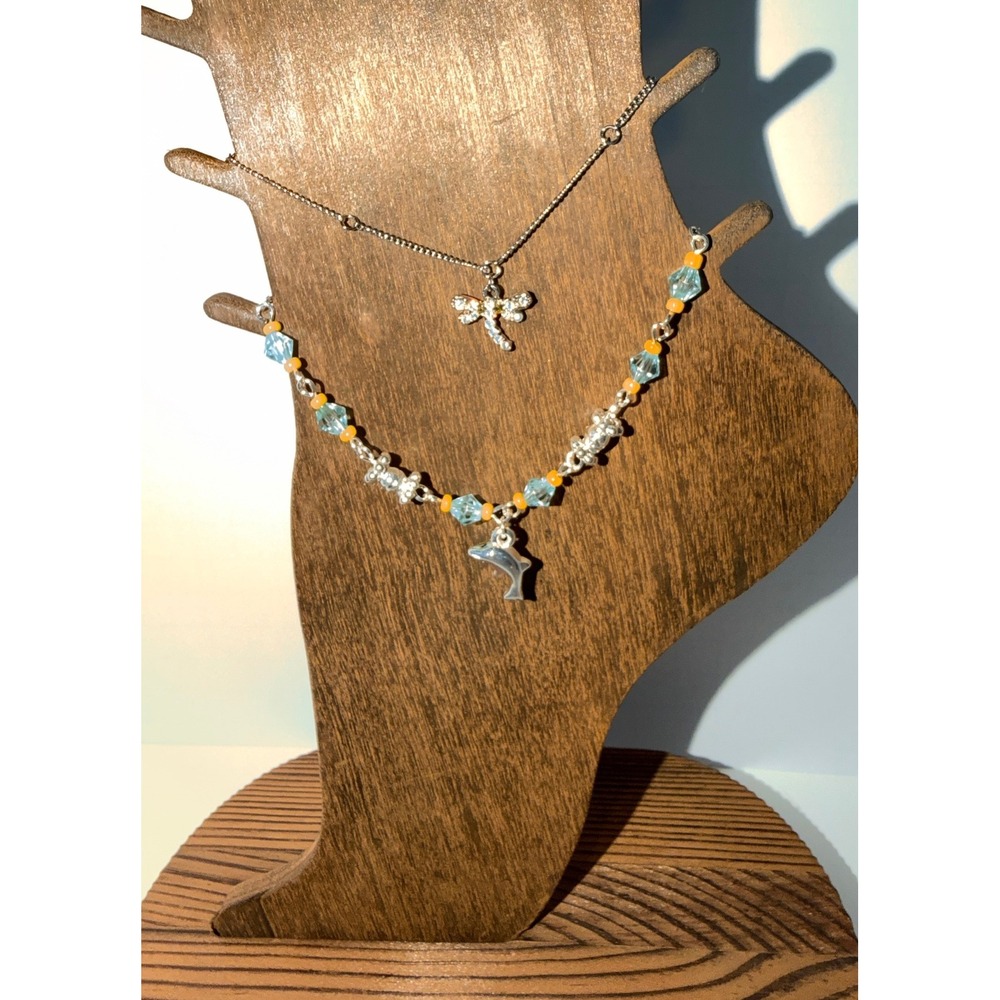 2 New Crystal Charm Anklets Dragonfly Dolphin Silver Tone Adjustable